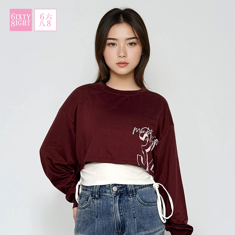 68女装秋季宽松休闲舒适套头圆领长袖卫衣上衣个性抽绳