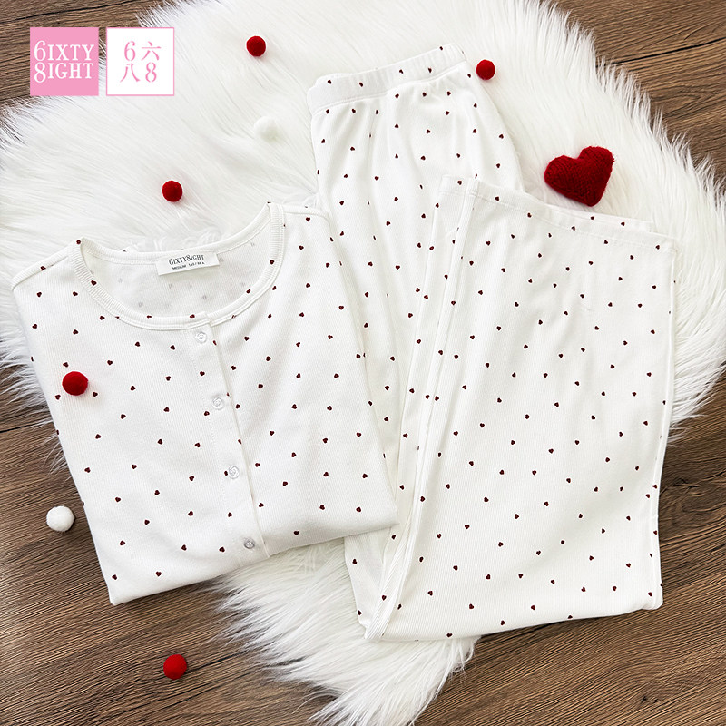 6IXTY8IGHT 68家居服清新心形印花圆领长袖长裤睡衣女柔软舒适,女士内衣/男士内衣/家居服,睡衣/家居服套装,淘宝优惠券,粉丝福利购,淘宝优惠卷