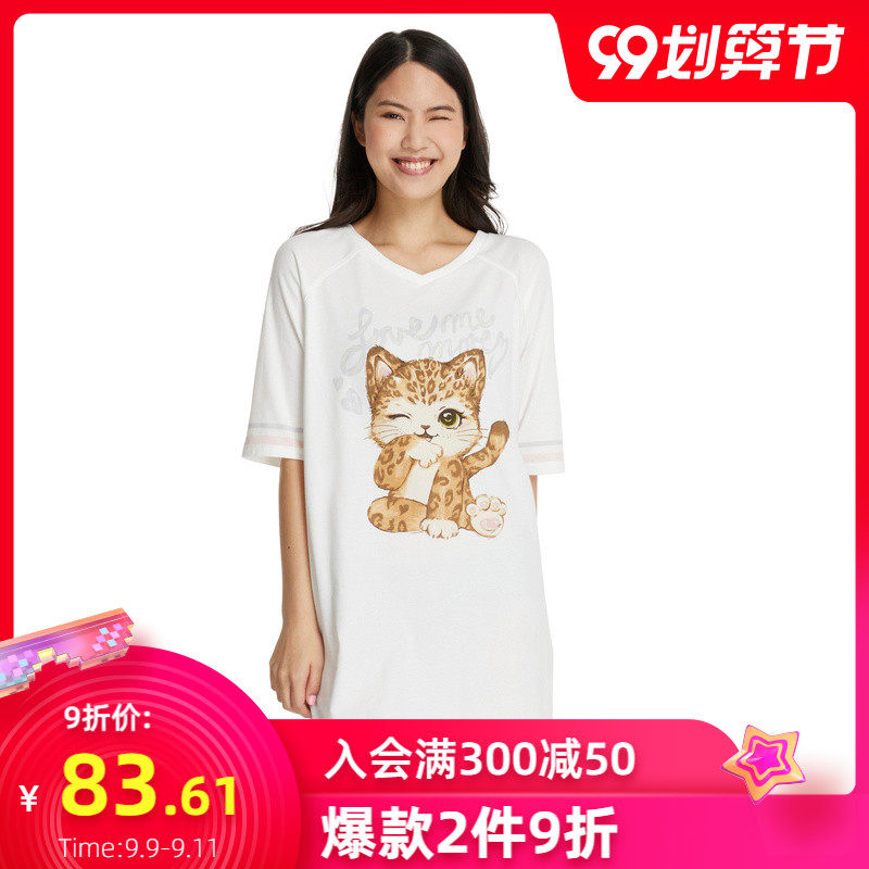 6IXTY8IGHT 68 夏新品卡通条纹v领套头短袖家居睡裙睡衣女HW08105