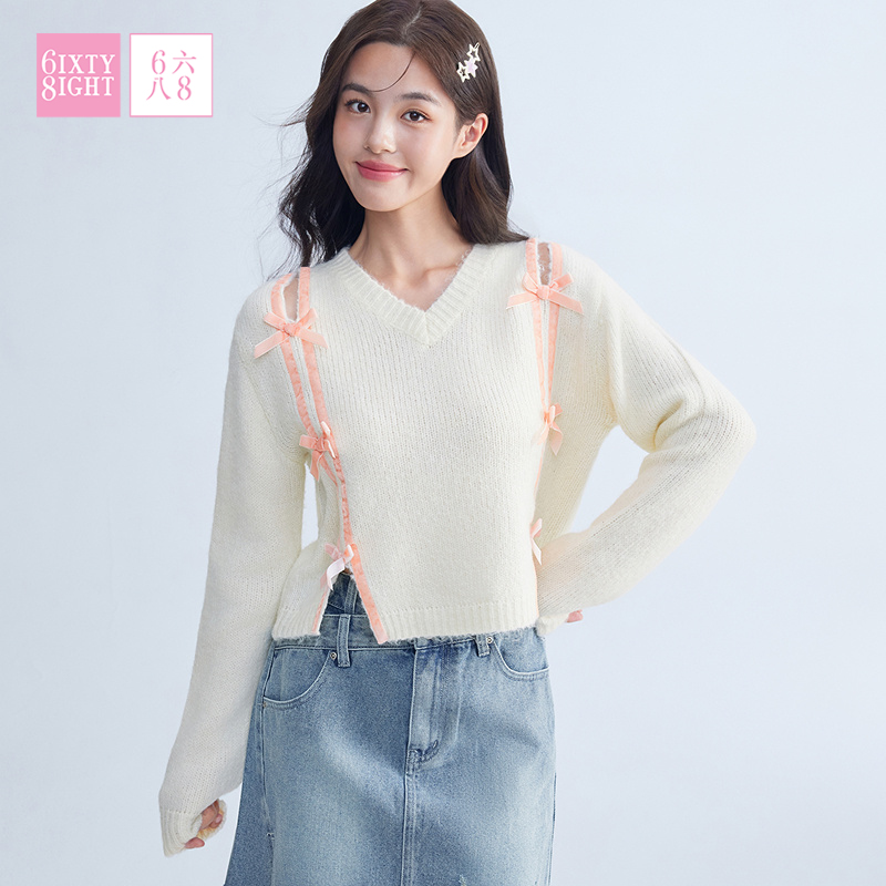 6IXTY8IGHT 68女装秋冬新甜美丝带蝴蝶结V领宽松长款毛衣ST10987