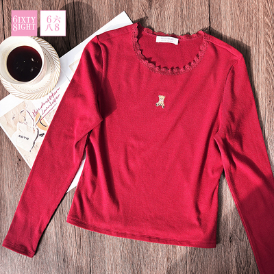 6IXTY8IGHT 68家居服修身可爱绣花长袖睡衣女花边饰领口红色柔软