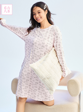 6IXTY8IGHT 68睡裙女可爱猫咪印花柔软舒适长袖牛奶丝睡衣家居服