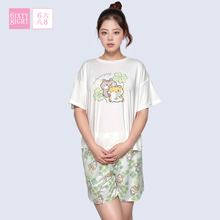 6IXTY8IGHT 68睡衣夏女可爱印花牛奶丝柔软短袖 短裤 家居服套装