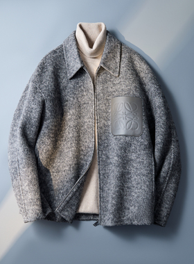新款毛呢外套 口袋贴皮休闲羊毛夹克 混灰色6016-2619P315控659