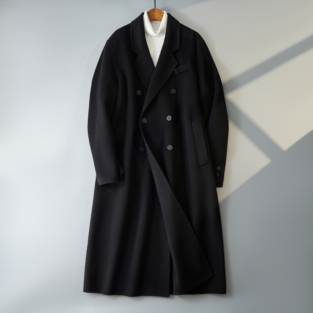 休闲毛呢外套简约西装领长款呢子风衣外套黑色钱塘6016-109p560，男装西服套装，钱塘大厦6016