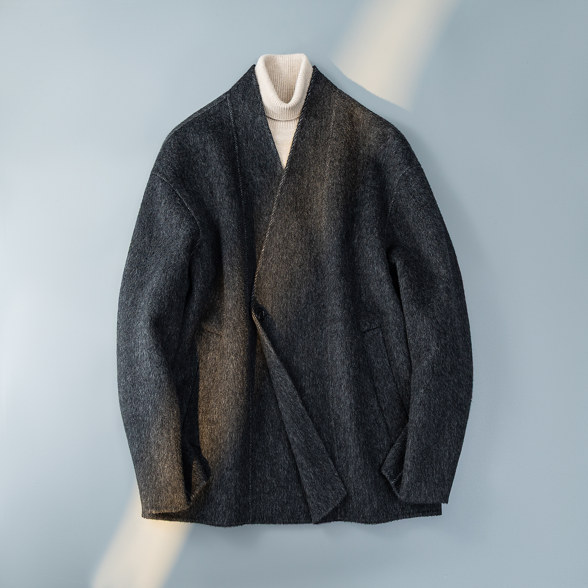 澳洲羊毛新中式风茶服毛呢大衣V领灰色6016-8508P399控788，男装毛呢大衣，钱塘大厦6016