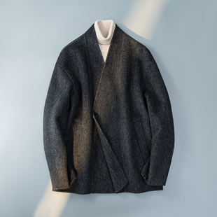 100%澳洲羊毛新中式 8508P399控788 国风茶服毛呢大衣V领灰色6016