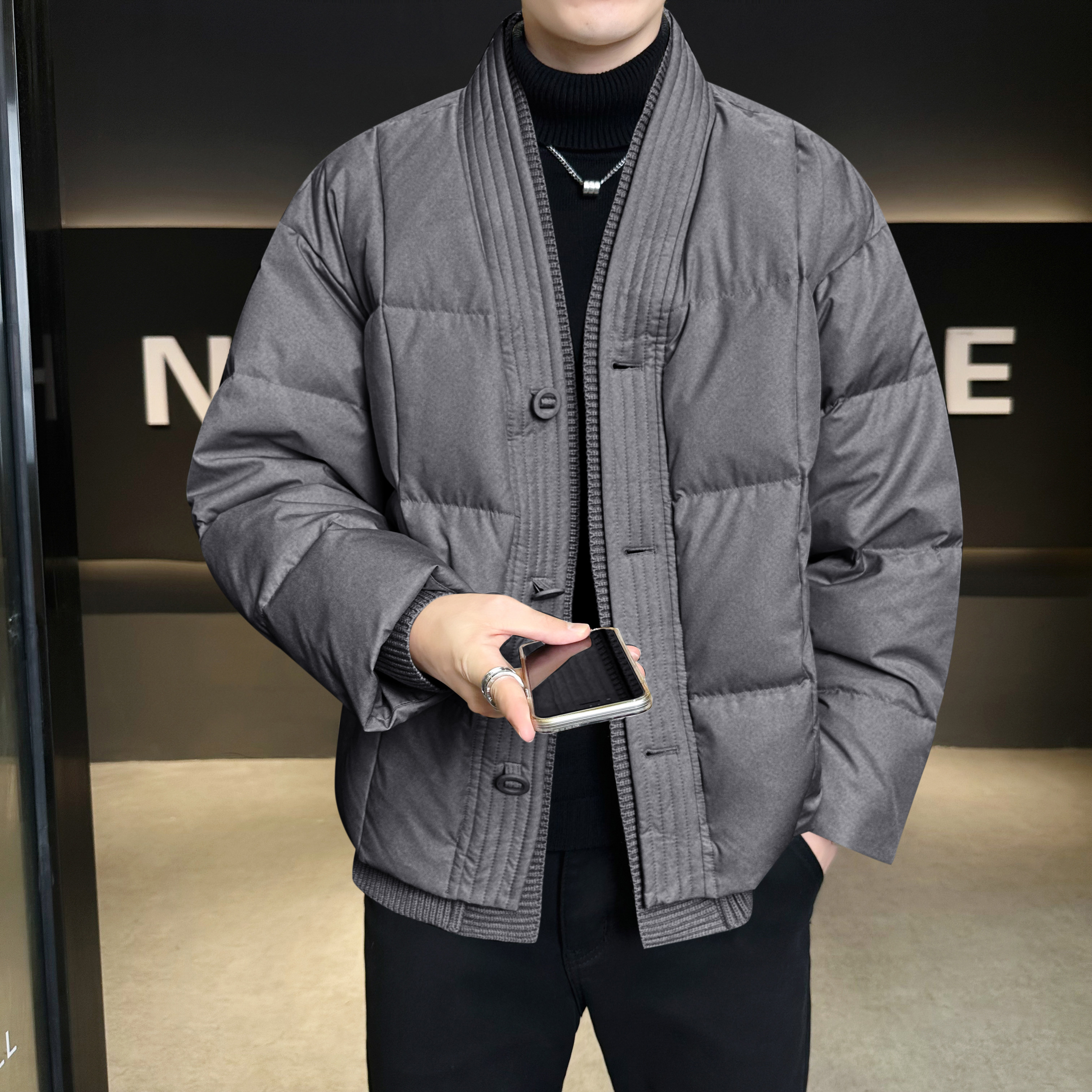 豆腐块格子羽绒服外穿羽绒衣风民族冬装米色6016-25118P400,男装民族服装,钱塘大厦6016