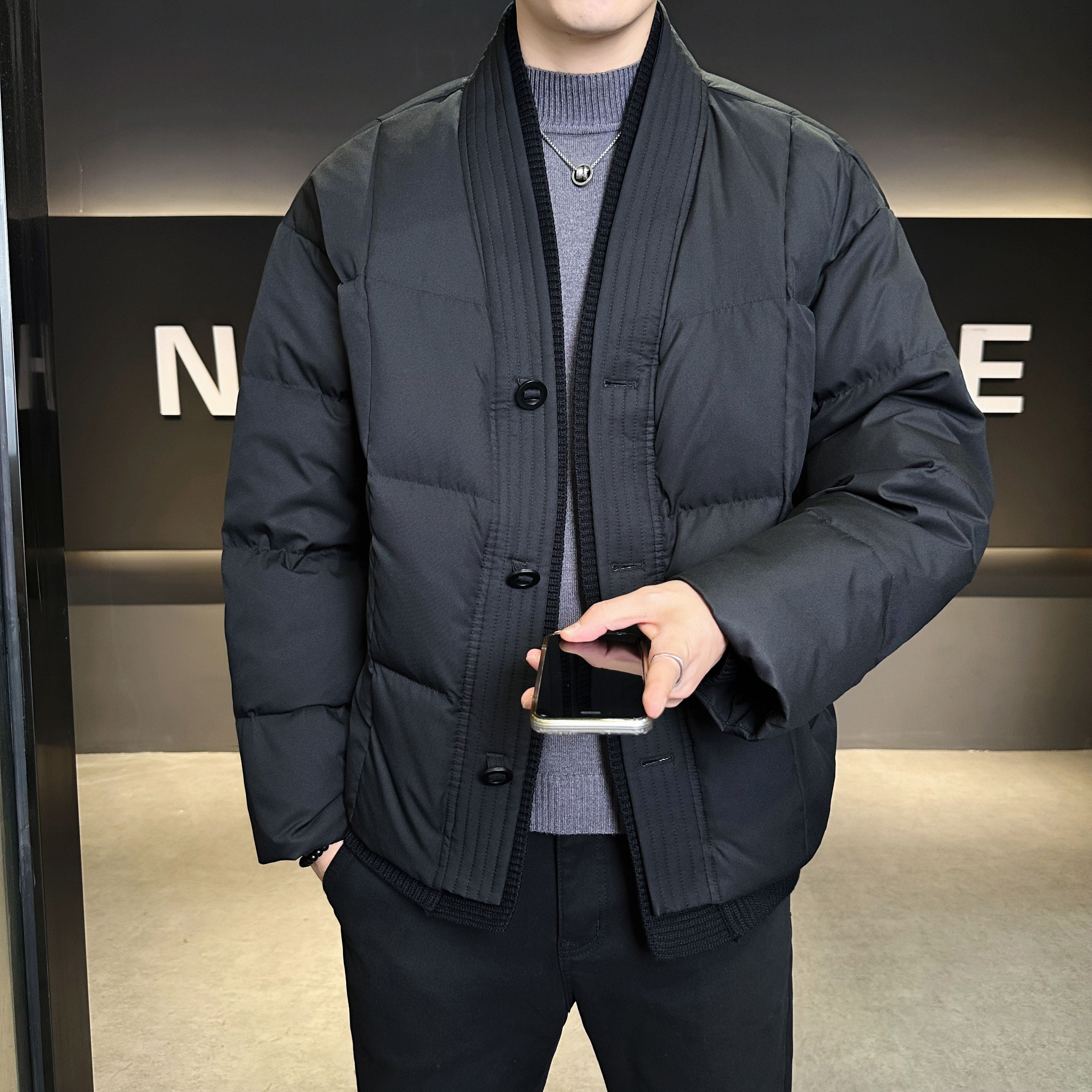 豆腐块格子羽绒服外穿羽绒衣风民族冬装米色6016-25118P400,男装民族服装,钱塘大厦6016