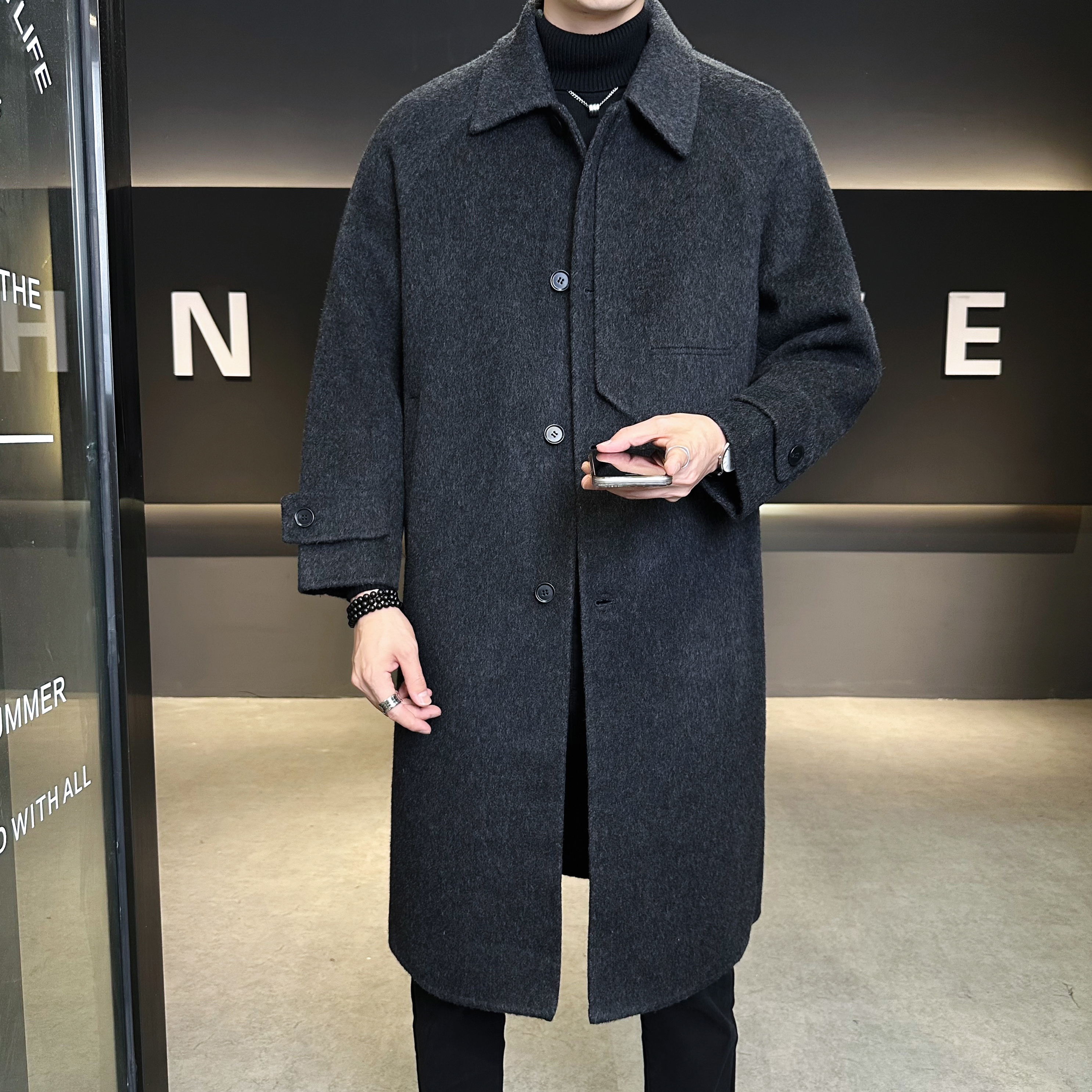 双面呢中长款翻领毛呢外套羊毛风衣炭灰色6016-5881P358控688，男装风衣，钱塘大厦6016