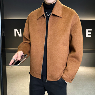 模特图羊毛拉链翻领简约双面呢夹克毛呢焦糖色钱塘6016 5820p295