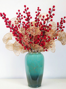 欧式尤加利叶金色银杏叶圣诞红色发财果配花瓶插花假花仿真花摆设