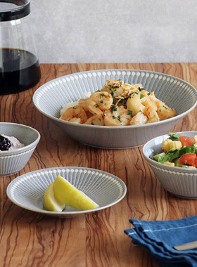 MY家 - 日本制 美浓烧 灰色十草条纹 轻量日用瓷 盘/汤面碗/深钵