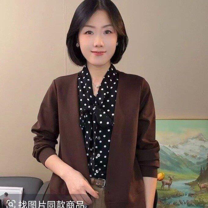 原版假两件波点衬衣开衫女秋季新款时尚简约系带设计感大码上衣