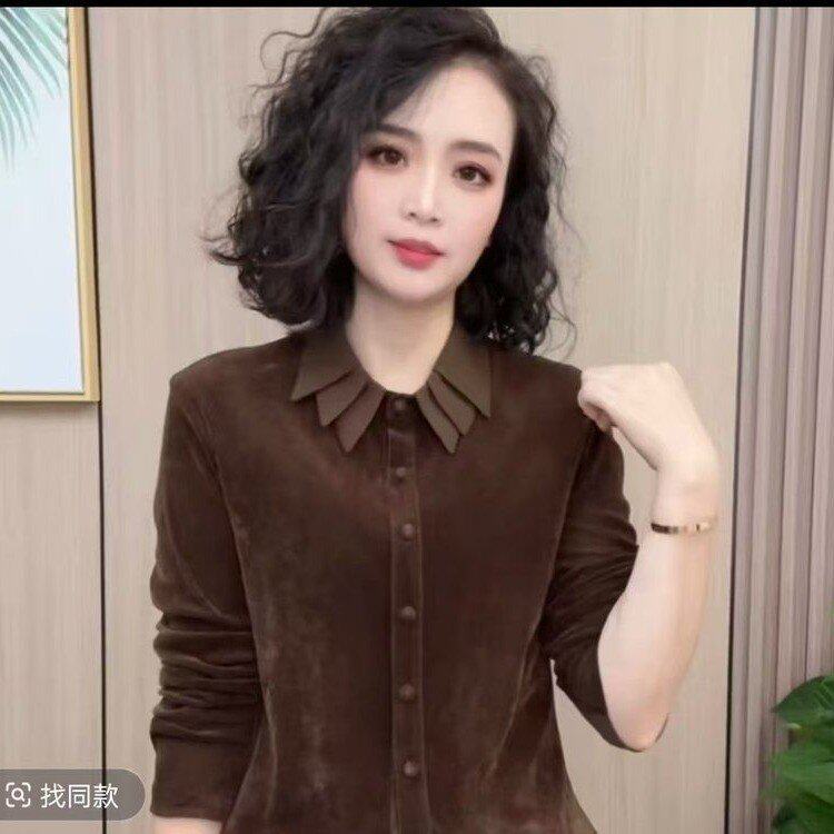 原版秋季时尚女装高级感纯色金丝绒衬衫中年妈妈三层翻领打底上衣