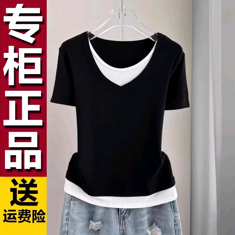 原版夏季宽松大码假两件短袖T恤女装2026新款螺纹拼接遮肚子上衣