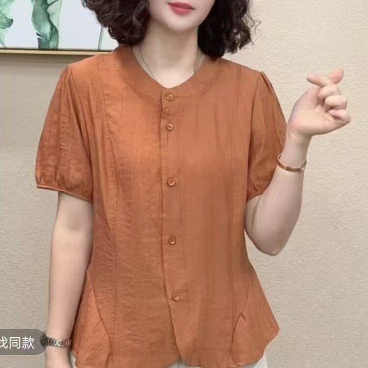 原版新款圆领荷叶边天丝麻短袖上衣女士夏季薄开衫简约妈妈装衬衫