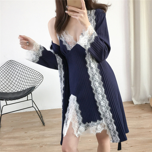 睡衣两件套女秋冬纯棉性感吊带睡袍宽松全棉家居服带胸垫可外穿