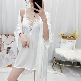 春秋情趣火辣美背睡衣女性感吊裙花边刺绣仿丝睡袍两件套家居服夏