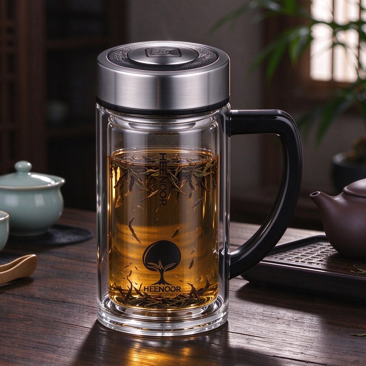 希诺双层玻璃杯 男士高档商务手柄泡茶杯 带把大容量办公室水杯子