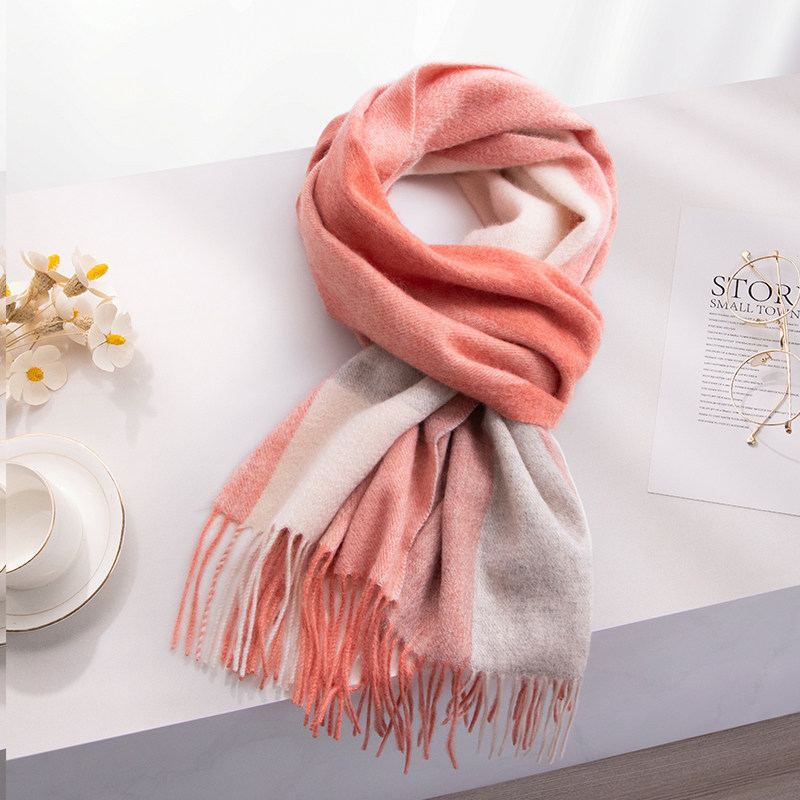 内蒙古桔粉格纹100%山羊绒围巾女冬季加厚保暖百搭围脖送女友礼盒