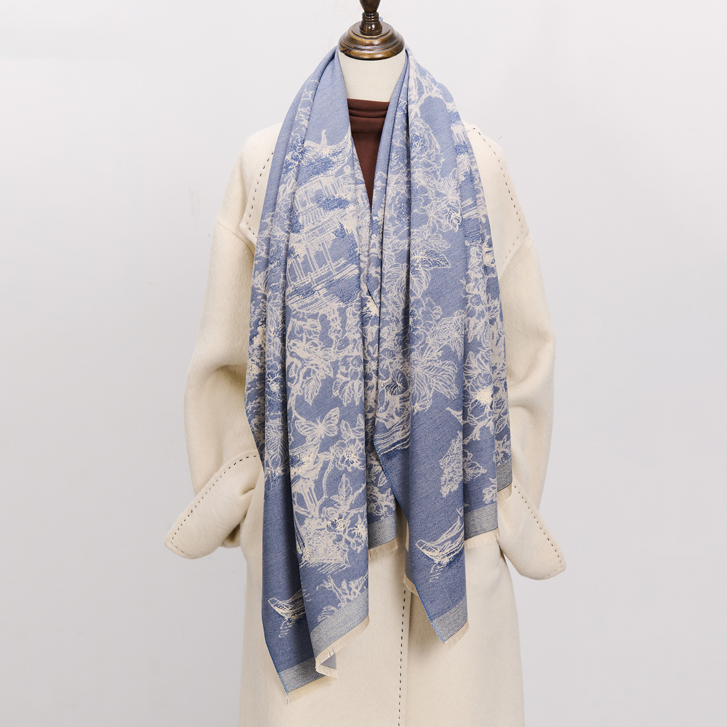 中式古典墨韵园林蓝色秋冬披肩女