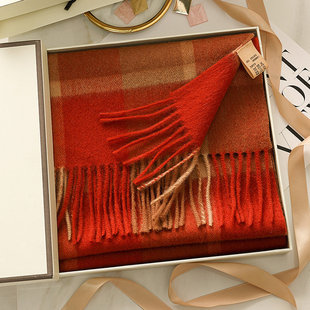 福气红~100%羊毛围巾女冬季亮红色格子本命年羊绒围脖送女生礼盒