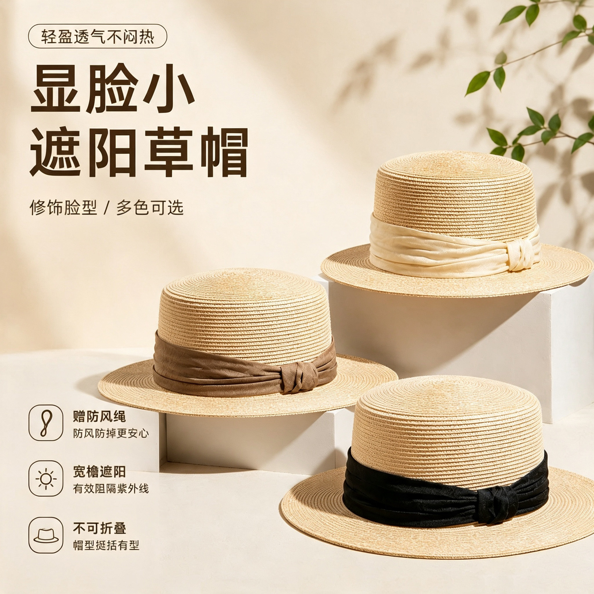 法式平顶草帽女夏防晒显脸小帽子