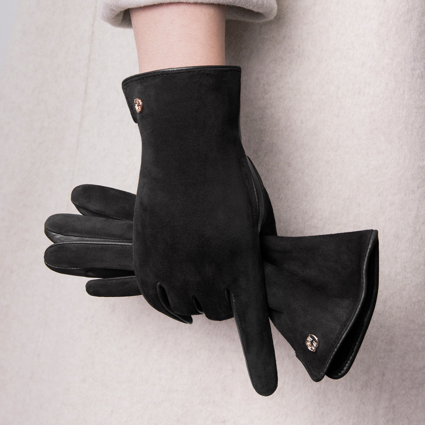 黑色高级感山羊皮加绒手套女冬绒面拼接防风保暖开车通勤百搭真皮