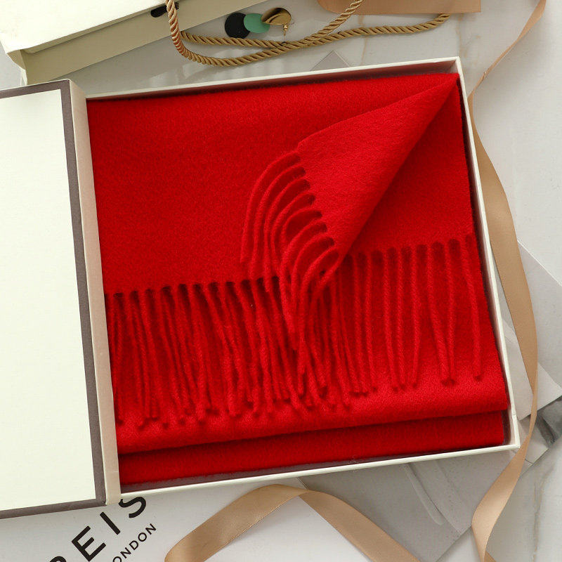 100%cashmere山羊绒大红色中国红围巾秋冬季女纯色本命年妈妈礼物