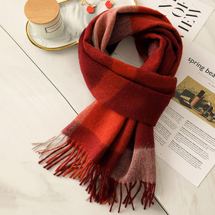 枣红色纯羊毛围巾女秋冬季薄款酒红色格子围巾妈妈本命年高档围脖