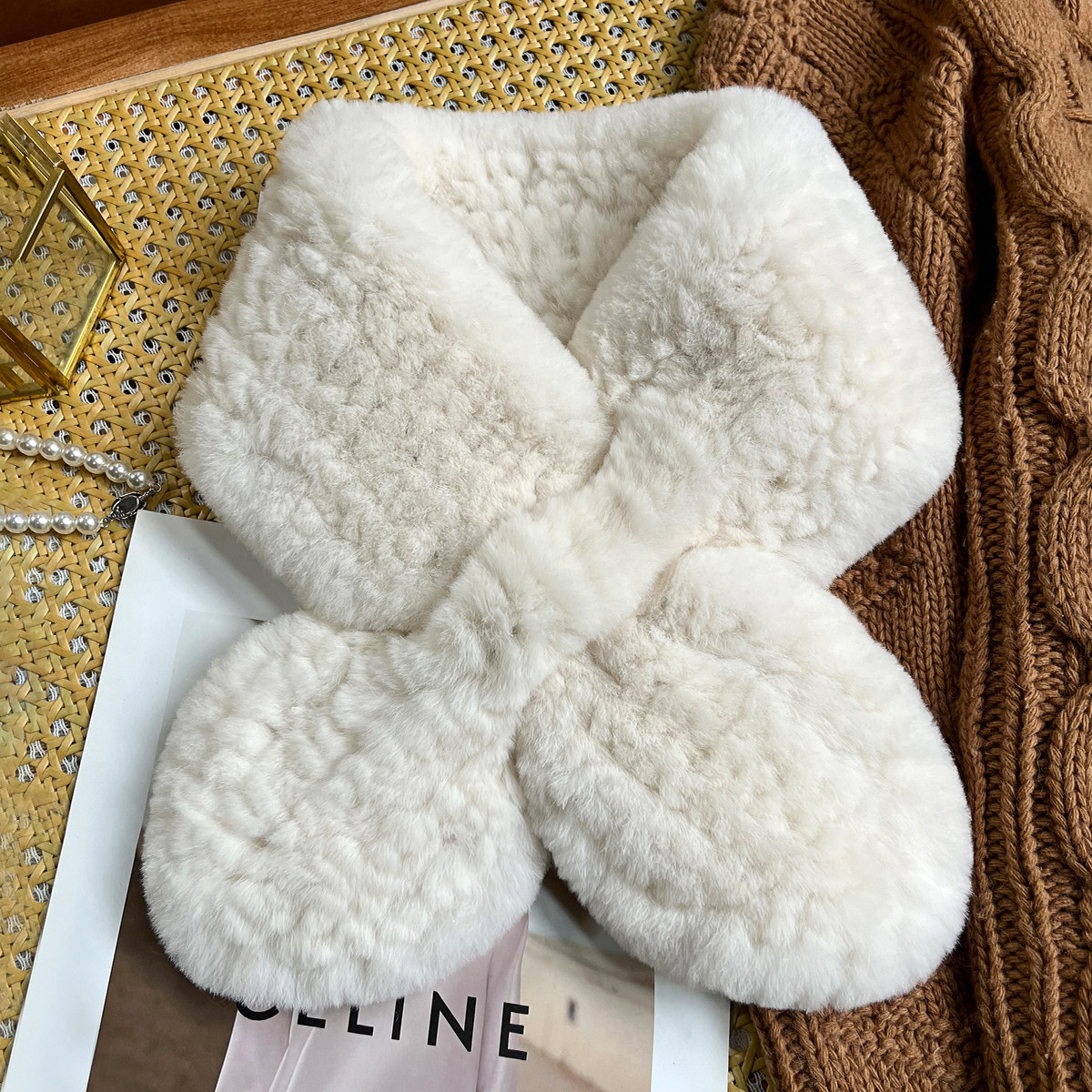 毛毛领冬季韩版真獭兔毛编织领结式围巾女冬加厚保暖毛绒交叉围脖