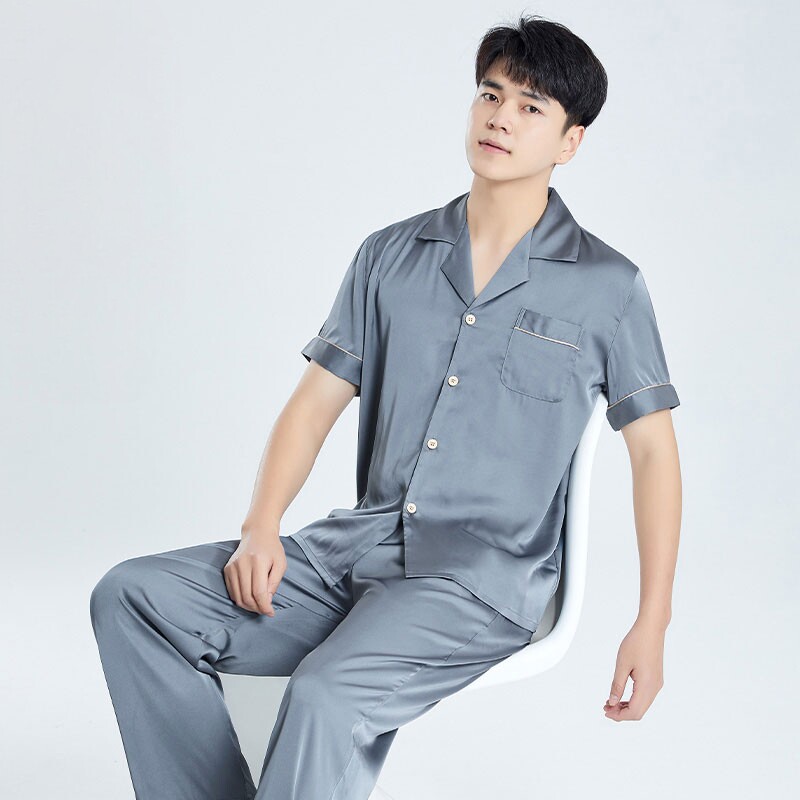 夏天睡衣男款夏季冰丝短袖薄款休闲纯色家居服套装可外穿四季通用
