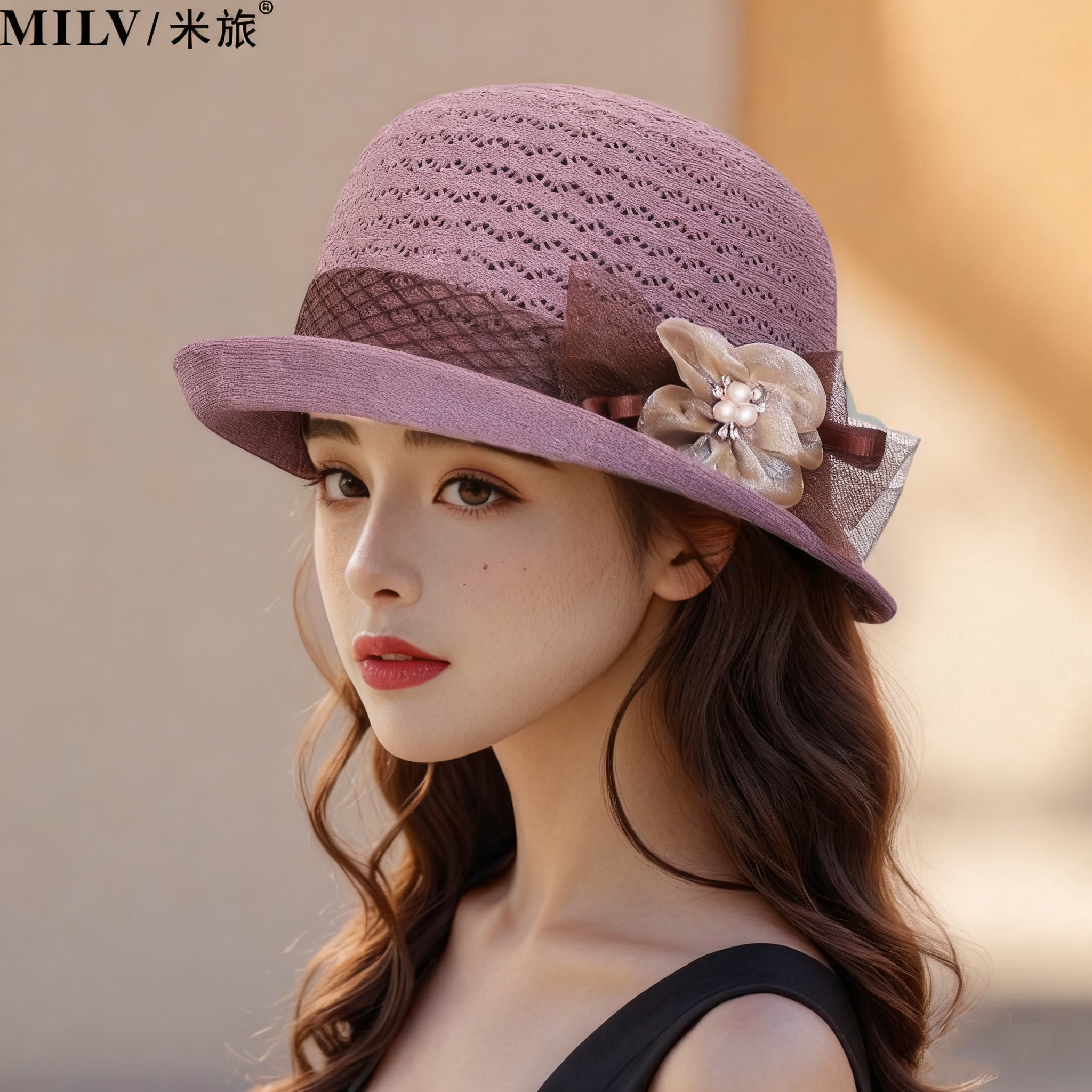 圆顶卷边针织渔夫帽女夏季薄款透气防晒遮阳帽蝴蝶结花朵珍珠礼帽