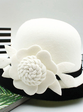 秋冬帽子女圆顶小礼帽英伦复古黑白花朵小香风毛呢毡帽休闲渔夫帽