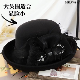毛呢帽女秋冬大头围渔夫帽子卷沿时尚显脸小盆帽优雅花朵时装帽潮