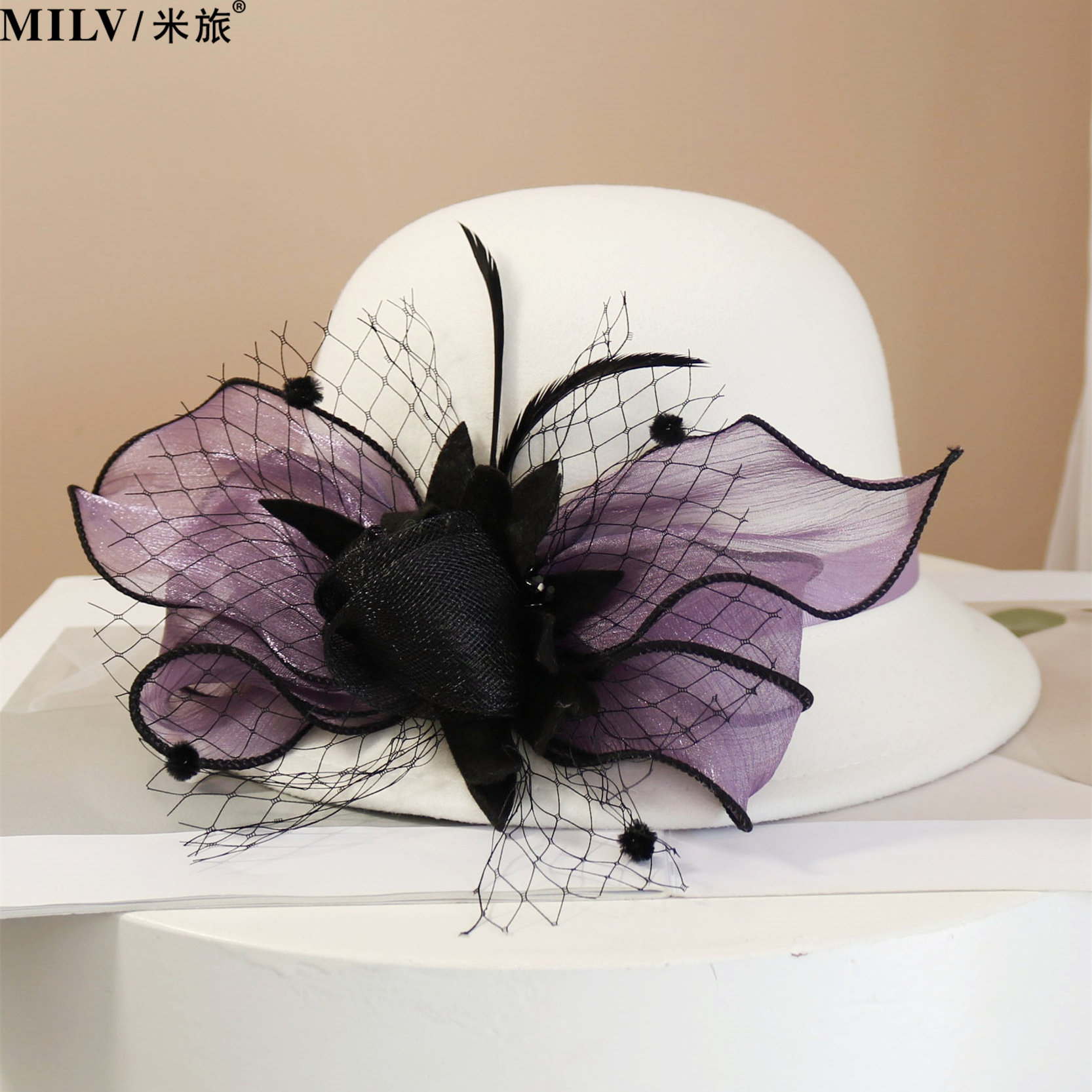 帽子女秋冬白色羊毛呢礼帽优雅法式复古花朵渔夫帽时尚百搭时装帽,服饰配件/皮带/帽子/围巾,帽子,淘宝优惠券,粉丝福利购,淘宝优惠卷