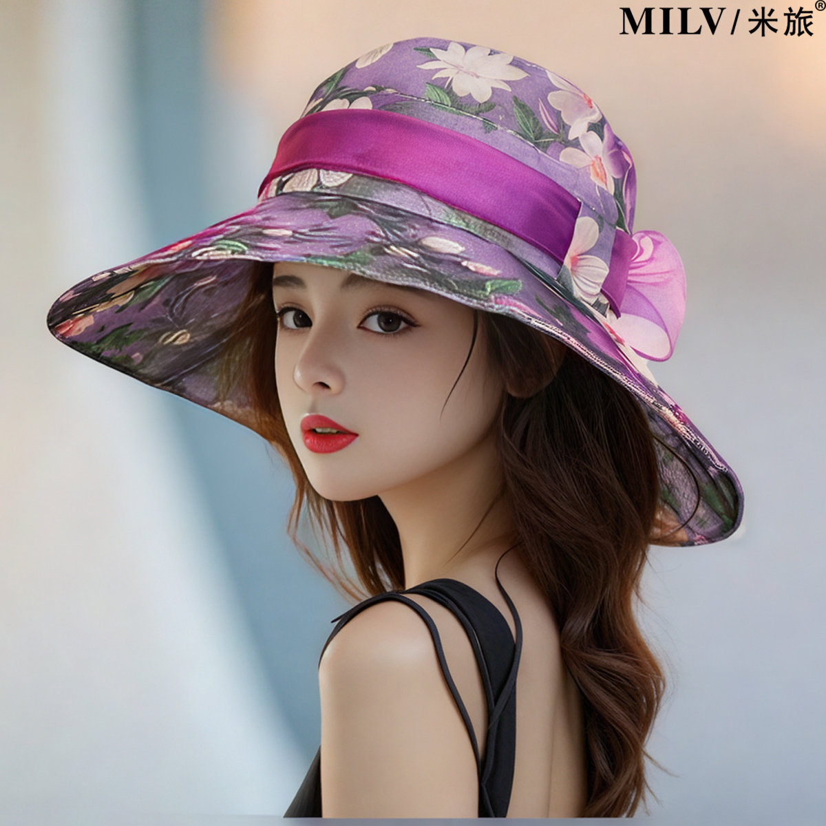 夏季出游大帽檐优雅花朵遮阳帽