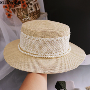平顶小礼帽夏天度假遮阳沙滩帽女复古蕾丝珍珠出游草编太阳帽 法式