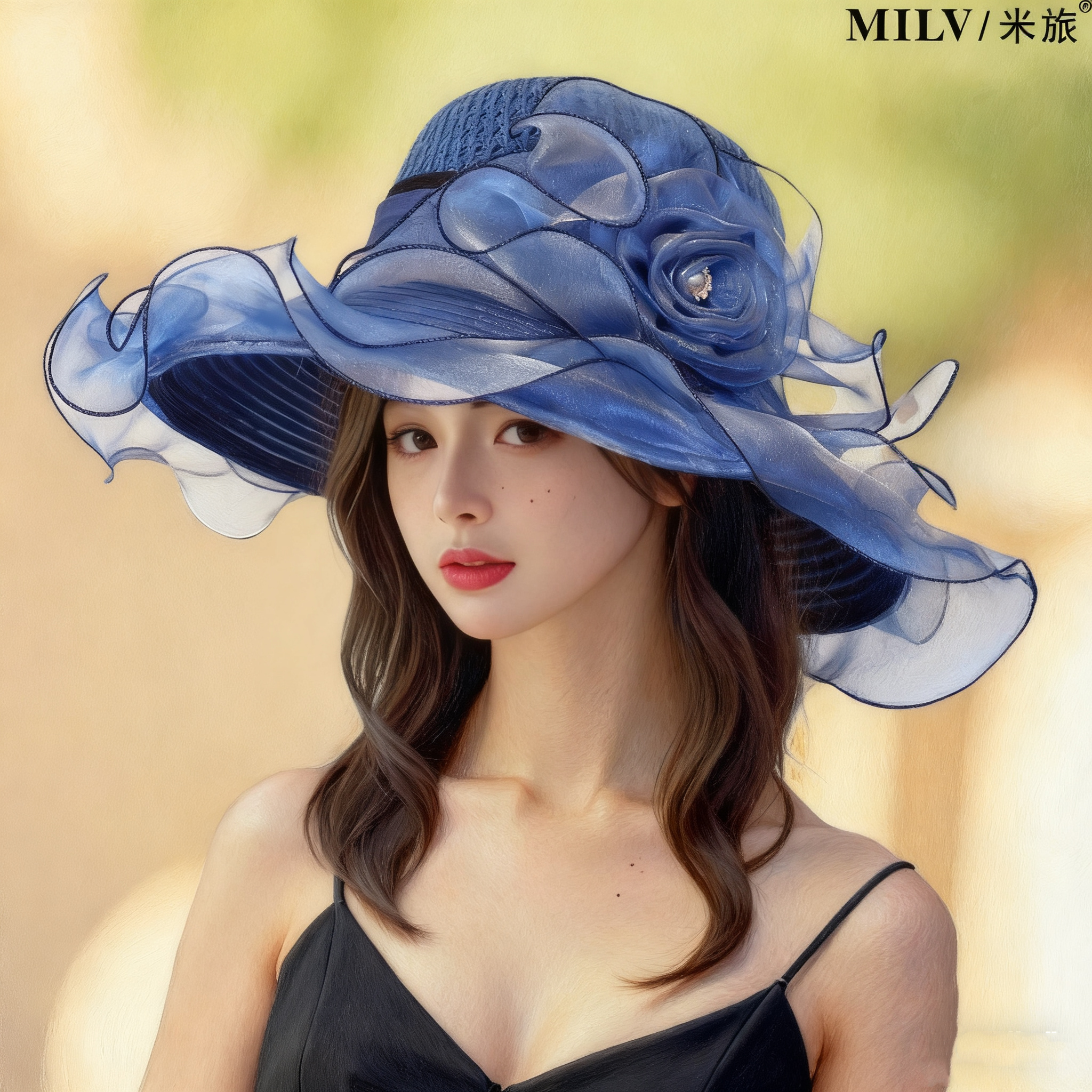 欧根纱大沿花朵遮阳帽子女夏