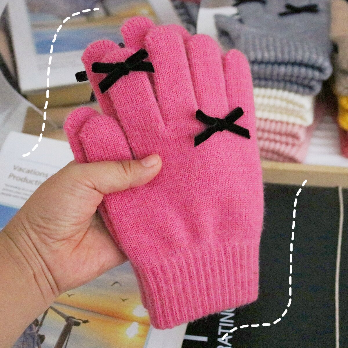 蝴蝶结露指可触屏手套女冬季保暖少女心针织防寒毛线手套学生骑行