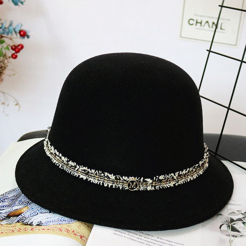小香风帽子女士秋冬黑色圆顶盆帽渔夫帽时尚羊毛呢毡帽名媛礼帽潮