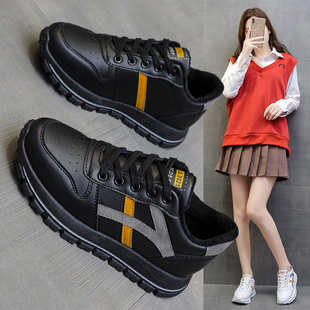 加绒小黑鞋女工作鞋秋冬防水防滑皮面鞋子黑色运动鞋百搭二棉鞋潮