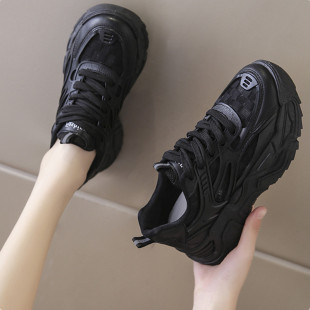 久站不累脚厨房上班工作鞋 防滑 女2026春夏全黑色运动鞋 网面老爹鞋