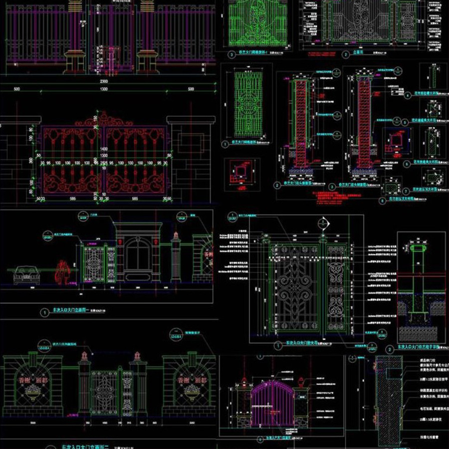 铁艺大门铁门cad施工图纸小区大门学校大门双开门欧式别墅庭院门