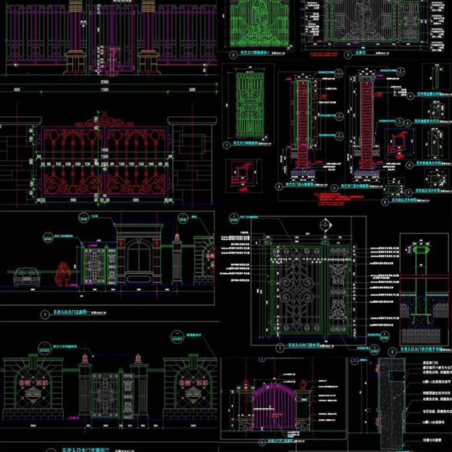 铁艺大门铁门CAD施工图纸小区大门学校大门双开门欧式别墅庭院门 商务/设计服务 设计素材/源文件 原图主图