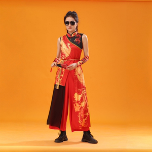 红色金凤龙纹舞台演出服男女同款