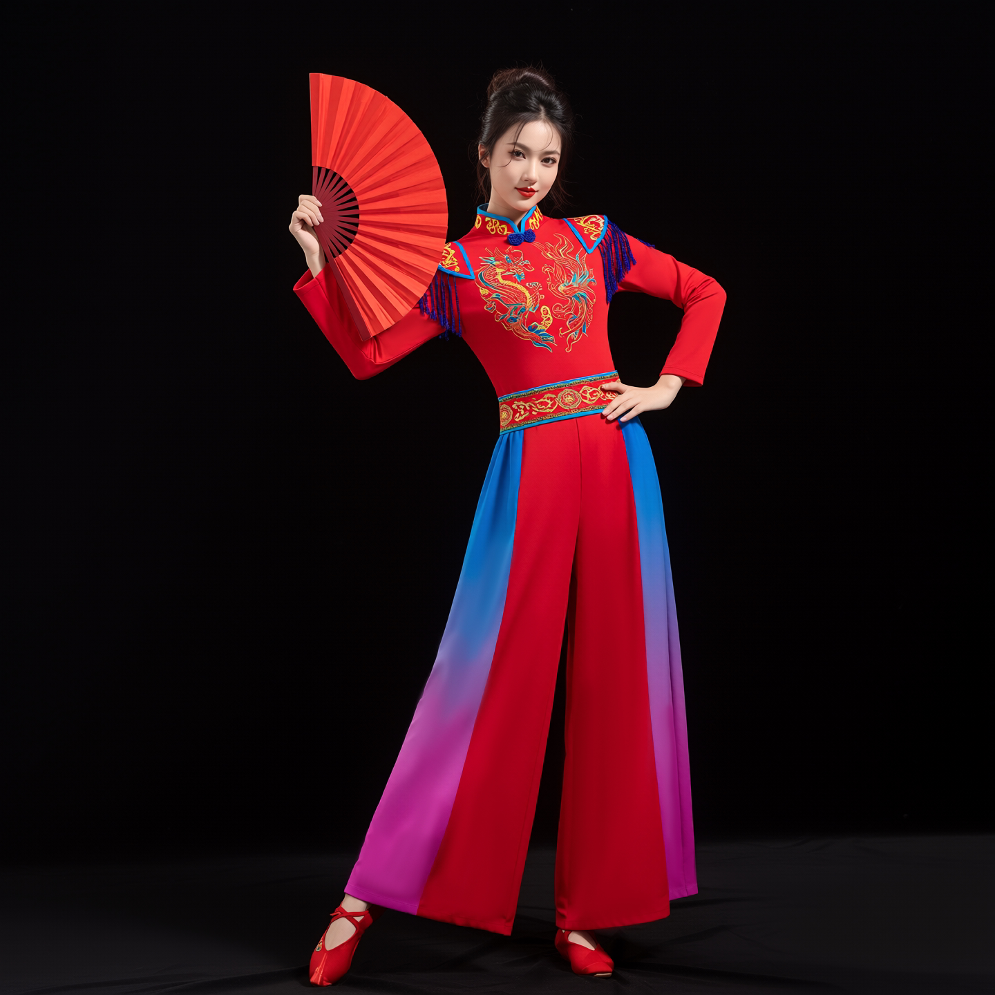 红色喜庆国潮打鼓演出服套装女