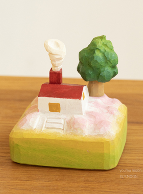 桃花坞 树荫下炊烟袅袅 木雕手作治愈高级桌面摆件礼物礼品纯手工