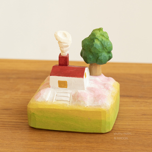 桃花坞 树荫下炊烟袅袅 木雕手作治愈高级桌面摆件礼物礼品纯手工